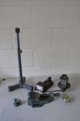 SIX VINTAGE ENGINEERING TOOLS including a Record No 414 Drill Press Vice, another handmade vice, a