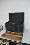 A VINTAGE WOODEN TOOLBOX with one sliding tray and two lift out trays 65cm wide x 34cm deep and 38cm