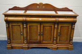 A MODERN CHERRYWOOD SIDEBOARD, with triple white marble inserts, three drawers and four cupboard