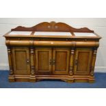 A MODERN CHERRYWOOD SIDEBOARD, with triple white marble inserts, three drawers and four cupboard