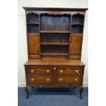 A GEORGIAN OAK, MAHOGANY CROSSBANDED AND STRUNG INLAID DRESSER, the top with wavy detail, two