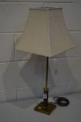 ROCHAMP LTD, A BRASS AND RUST COLOURED TABLE LAMP with a square tapered fabric shade