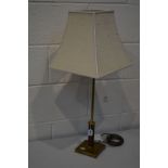 ROCHAMP LTD, A BRASS AND RUST COLOURED TABLE LAMP with a square tapered fabric shade