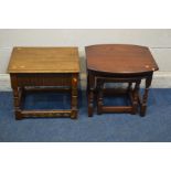 AN OLD CHARM OAK NEST OF TWO TABLES, width 57cm x depth 44cm x height 45cm and an oak lamp table