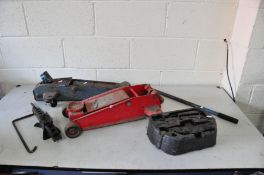 TWO VINTAGE TROLLEY JACKS (one incomplete), modern car jack in a polystyrene shoe and another car