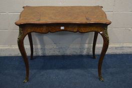 A VICTORIAN BURR WALNUT AND ROSEWOOD CROSSBANDED CARD TABLE, the serpentine fold over top