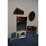 NINE VARIOUS WALL MIRRORS, of different shapes, sizes and materials