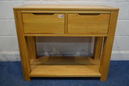 A SOLID LIGHT OAK SIDE TABLE with two drawers, with an under shelf, width 98cm x depth 43cm x height