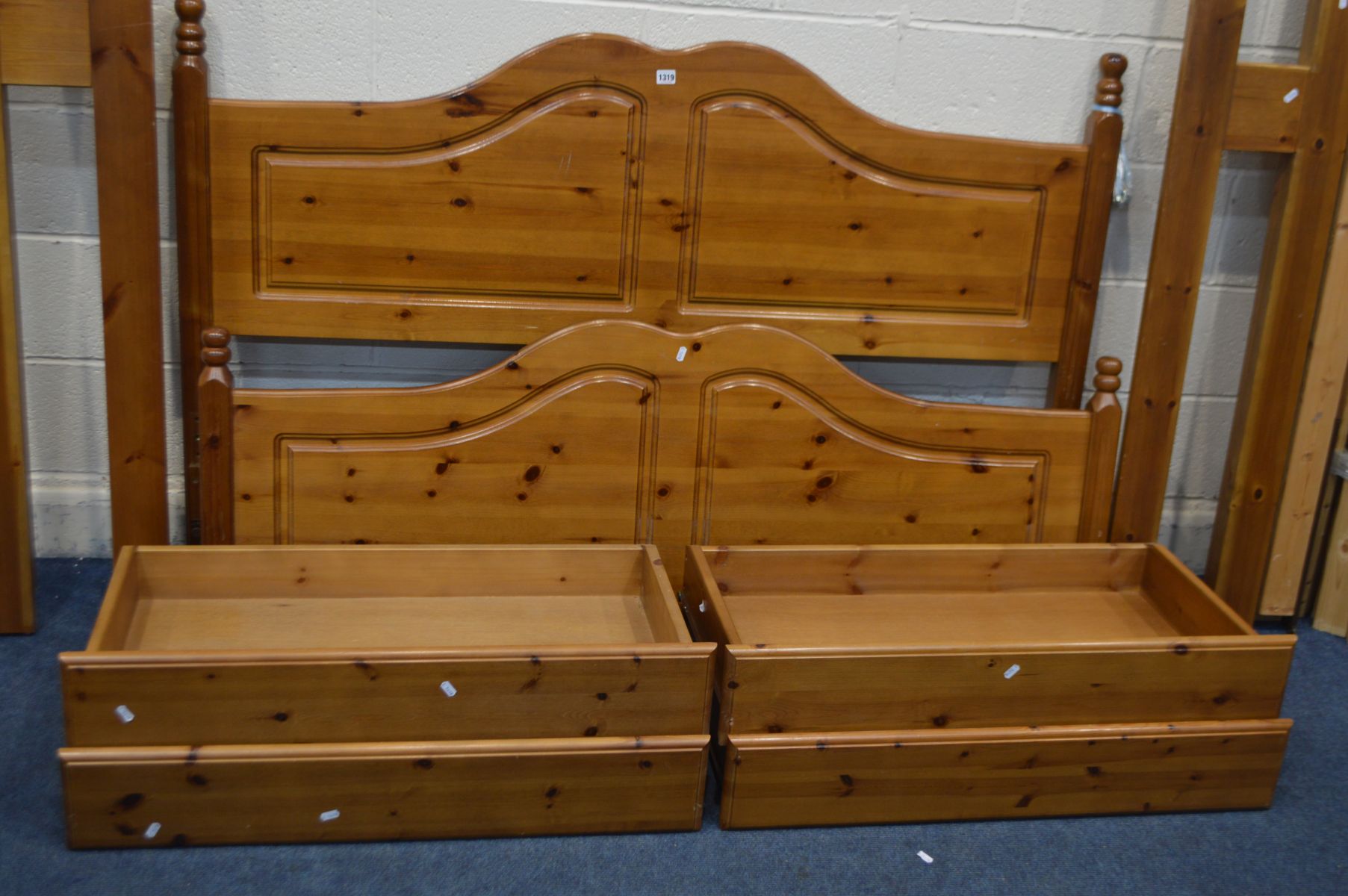 A PINE 5FT BEDSTEAD with side rails containing two drawers each, slats and bolts - Image 2 of 2
