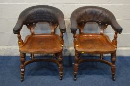 A PAIR OF EARLY TO MID 19TH CENTURY WALNUT GENTLEMANS CLUB CHAIRS, with brown leatherette padded