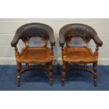 A PAIR OF EARLY TO MID 19TH CENTURY WALNUT GENTLEMANS CLUB CHAIRS, with brown leatherette padded