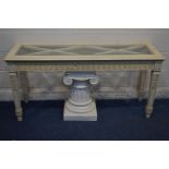 A CONTINENTAL CREAM FINISH HALL TABLE with a glass insert, length 149cm x depth 47cm x height