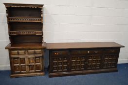 A YOUNGER OAK FOUR DOOR SIDEBOARD with three drawers, width 206cm x depth 47cm x height 78cm and a