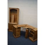 A PINE OPEN BOOKCASE above a double cupboard door base, width 79cm x depth 46cm x height 200cm,