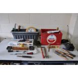 TWO TRAYS CONTAINING HANDTOOLS including an upholsterers hammer, various chisels, marking gauges,