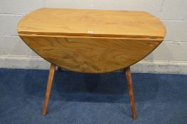 AN ERCOL WINDSOR ELM AND BEECH MODEL 384 OVAL TOPPED DROP LEAF TABLE, on square tapering legs,