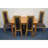 A SET OF FOUR MARKS AND SPENCERS OAK AND BROWN LEATHER DINING CHAIRS and a teak finish extending