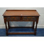 AN OLD CHARM OAK SIDE TABLE, with two drawers, turned front supports united by stretchers, width