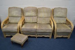 A WICKER FIVE PIECE CONSERVATORY SUITE, with a stripped cushions, comprising a two seater settee,