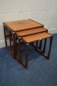 A G PLAN QUADRILLE TEAK NEST OF THREE TABLES (fluid staining)