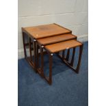 A G PLAN QUADRILLE TEAK NEST OF THREE TABLES (fluid staining)