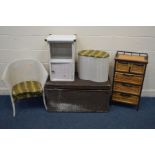 A PAINTED LLOYD LOOM BEDROOM CHAIR, BEDSIDE CABINET AND KIDNEY LINEN BASKET, along with a wicker