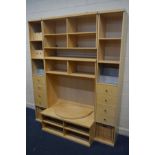 A BEECH MODULAR TV UNIT/BOOKCASE, with central tv stand, max tv size 45in, with six separate desk