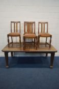 AN EARLY 20TH CENTURY ARTS AND CRAFTS STYLE OAK WIND DINING TABLE, with two additional leaves,