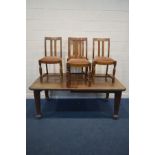 AN EARLY 20TH CENTURY ARTS AND CRAFTS STYLE OAK WIND DINING TABLE, with two additional leaves,