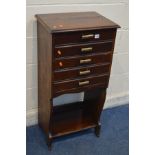 AN EDWARDIAN MAHOGANY FIVE DRAWER MUSIC CABINET, with later handles, width 50cm x depth 35cm x