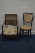 A BENTWOOD STAINED BEECH AND BERGERE CHAIR and a beech open armchair with a bergère back and