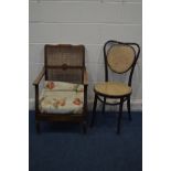 A BENTWOOD STAINED BEECH AND BERGERE CHAIR and a beech open armchair with a bergère back and