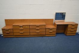 A TEAK FINISH SIX PIECE BEDROOM SUITE, comprising a dressing table with a single swing mirror, two