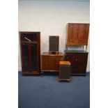 A QUANTITY OF MAHOGANY FURNITURE, to include glazed corner cupboard, hi fi cabinet with two