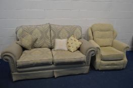 AN OATMEAL UPHOLSTERED TWO SEATER SETTEE, width 190cm, along with an cream single armchair (2)