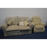 AN OATMEAL UPHOLSTERED TWO SEATER SETTEE, width 190cm, along with an cream single armchair (2)