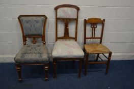 AN ART NOUVEAU OAK HIGH BACK CHAIR on cylindrical tapering front legs, along with a late Victorian