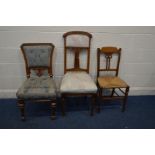 AN ART NOUVEAU OAK HIGH BACK CHAIR on cylindrical tapering front legs, along with a late Victorian