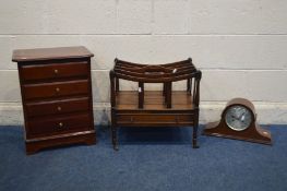 A MAHOGANY BEDSIDE CHEST OF THREE DRAWERS, width 43cm x depth 33cm, a mahogany canterbury with a