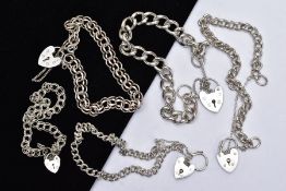 A BAG OF ASSORTED SILVER AND WHITE METAL CHARM BRACELETS, to include three curb link bracelets and