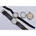 FOUR SILVER MILITARY TRENCH WRISTWATCHES, to include one with a round white dial, Arabic numerals,