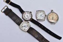 FOUR SILVER MILITARY TRENCH WRISTWATCHES, to include one with a round white dial, Arabic numerals,