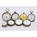 A BAG OF ASSORTED SILVER AND WHITE METAL OPEN FACED POCKET WATCHES, to include seven open faced