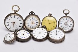 A BAG OF ASSORTED SILVER AND WHITE METAL OPEN FACED POCKET WATCHES, to include seven open faced