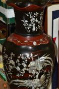 A LARGE MODERN JAPANESE PAPIER MACHE FLOOR STANDING VASE ON STAND, mother of pearl inlay depicting