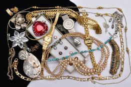 A BAG OF ASSORTED COSTUME JEWELLERY, to include three ladies wristwatches with names such as '