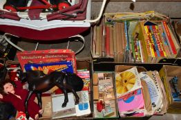 A QUANTITY OF VINTAGE TOYS, GAMES, PUZZLES AND ANNUALS, ETC, to include wooden dolls furniture