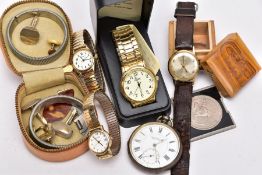A BOX OF ASSORTED ITEMS, to include a gold plated gent's wristweatch with a round silver dial signed