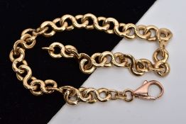 A 9CT GOLD BRACELET, designed with infinity hoop links, fitted with a lobster claw clasp, hallmarked