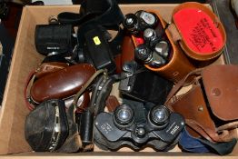 CAMERAS AND BINOCULARS ETC, to include Petlux 12x50 in leather case, strap missing, Yashica 7x50, no